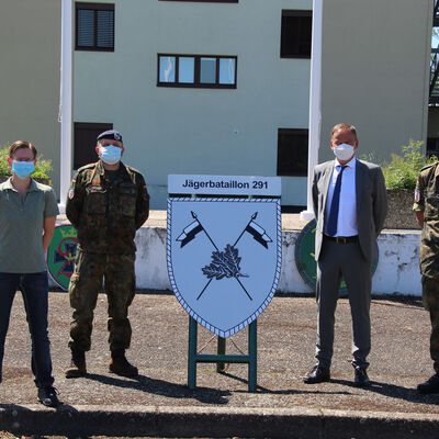 Jägerbataillon Antrittsbesuch v.l.n.r. Dezernentin Diana Kohlmann, Oberstleutnant Martin Hypko, Landrat Frank Scherer, Hauptmann Robert Petzold