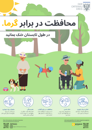 Plakat Hitzeschutz. Cool durch den Sommer!_Persisch